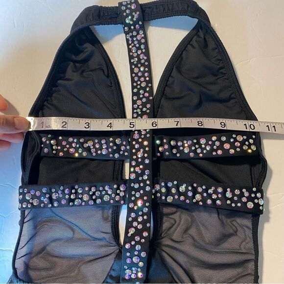 AA dance design costume solo custom black onyx cutout rhinestone mature adult XS - Picture 7 of 11